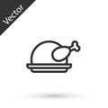 Grey line Roasted turkey or chicken icon isolated on white background. Vector