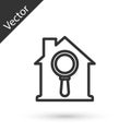 Grey line Search house icon isolated on white background. Real estate symbol of a house under magnifying glass. Vector Royalty Free Stock Photo