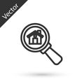 Grey line Search house icon isolated on white background. Real estate symbol of a house under magnifying glass. Vector Royalty Free Stock Photo