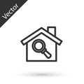 Grey line Search house icon isolated on white background. Real estate symbol of a house under magnifying glass. Vector Royalty Free Stock Photo