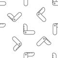 Grey line Swiss army knife icon isolated seamless pattern on white background. Multi-tool, multipurpose penknife Royalty Free Stock Photo