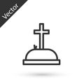 Grey line Tombstone with cross icon isolated on white background. Grave icon. Vector Illustration