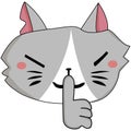 grey little cat character holding hand near mouth silence. Shhh symbol