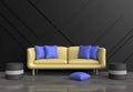 Grey living room are decorated yellow sofa, blue pillows, grey chair, black wood wall Royalty Free Stock Photo