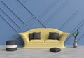 Grey living room are decorated yellow sofa, blue pillows, grey chair, black wood wall Royalty Free Stock Photo