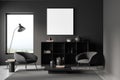 Grey living room interior with chairs and shelf, panoramic window. Mockup frame Royalty Free Stock Photo