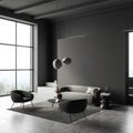 Grey living room interior with seats and couch, coffee table and window, mockup Royalty Free Stock Photo