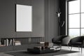 Grey living room interior with seats and decor, panoramic window. Mockup frame Royalty Free Stock Photo