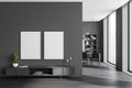 Grey living room interior with sideboard and table, window. Mockup frames