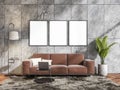 Grey living room interior with sofa and coffee table, mockup posters Royalty Free Stock Photo