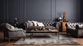 Grey livingroom, contemporary elegant grey living room with leather sofa and rug,