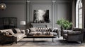 Grey livingroom, contemporary elegant grey living room with leather sofa and rug, Royalty Free Stock Photo