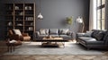 Grey livingroom, contemporary elegant grey living room with leather sofa and rug, Royalty Free Stock Photo