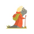 Grey Lizzard Monster With Backpack And Walking Stick, Alien Camping And Hiking Cartoon Illustration