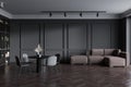 Grey lounge room interior with sofa and chairs, table and shelf