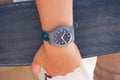 Grey masculine watch on hand Royalty Free Stock Photo