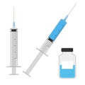 Grey medical syringe in cartoon style. Vector empty, filled syringe and vaccine bottle isolated on a white background