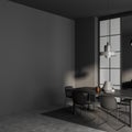 Grey meeting room interior with table and chairs on carpet. Mockup wall