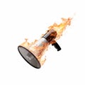 A grey megaphone with a black handle, flying and engulfed in intense flame and smoke Royalty Free Stock Photo