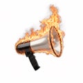 A grey megaphone with a black handle, flying and engulfed in intense flame and smoke Royalty Free Stock Photo