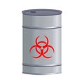 Grey metal barrels with nuclear pollution. Biohazard, Radioactive, Toxic waste