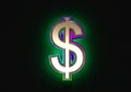 Grey brassy with colorful dichroic glass outline and green backlight font - dollar - peso sign isolated on dark, 3D illustration