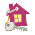 Grey metal key on string with keychain, icon in the shape of pink house. concept of buying and selling real estate. House keys