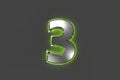 Grey metalline font with green shine glassy outline - number 3 isolated on grey background, 3D illustration of symbols Royalty Free Stock Photo