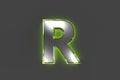 Grey metalline font with green shiny reflective outline - letter R isolated on grey background, 3D illustration of symbols Royalty Free Stock Photo