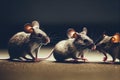 Grey mice running across floor in search of rat garbage