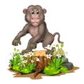 Grey Monkey On Top of Wood Tree With Flower and Rocks Cartoon