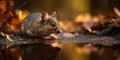 Grey Mouse Drinks Water From The Creek In Autumn Forest