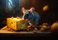 A grey mouse sitting near a big piece of cheese. Cute vermin steeling food in the house. Close up. Generative AI