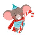 Grey Mouse in Warm Knitted Scarf and Sweater Holding Candy Stick as Christmas Character Vector Illustration
