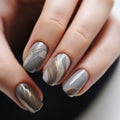 Elegant Brushstroke Nail Art With Grey And Gold Colors