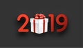 Grey 2019 New Year background with gift box.