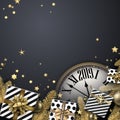 Grey 2019 New Year background with gifts and clock. Top view car