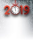 Grey 2019 New Year background with red clock and snow.