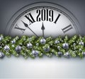 Grey 2019 New Year background with clock. Greeting card.