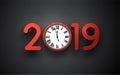 Grey 2019 New Year background with round clock.