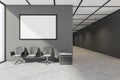 Grey office corridor with mockup canvas over seat