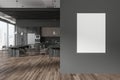 Grey office interior with kitchen and eating space near window. Mockup frame Royalty Free Stock Photo