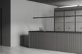 Grey office interior reception desk and cupboard storage. Mockup wall