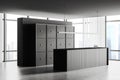 Grey office interior reception desk and cupboard storage, panoramic window