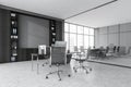 Grey office room with chairs, conference room and marble floor