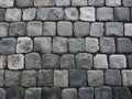 Grey Old Stone Pavement Top View, Granite Cobblestone Road, Green Moss, Wet Surface Royalty Free Stock Photo