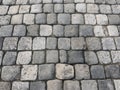 Grey Old Stone Pavement Top View, Granite Cobblestone Road, Green Moss, Wet Surface Royalty Free Stock Photo