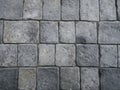 Grey Old Stone Pavement Top View, Granite Cobblestone Road, Green Moss, Wet Surface Royalty Free Stock Photo