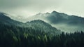 Misty Green Forest: Moody Tonalism In High Mountain Pine Trees