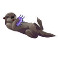Grey otter playing with purple exotic sea shell isolated on white background. Vector cartoon close-up illustration. Royalty Free Stock Photo